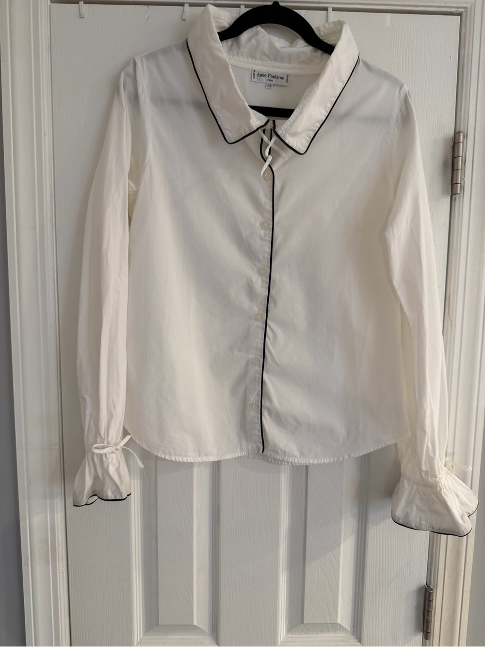 Anne Fontaine Paris White Blouse Black Piping Ruffle Bell Cuffs Size 42 / US 10